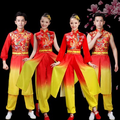 Women chinese red dragon drum Chinese folk dance performance costume water drum waist drum team gong lion wushu dance performance costumes for man