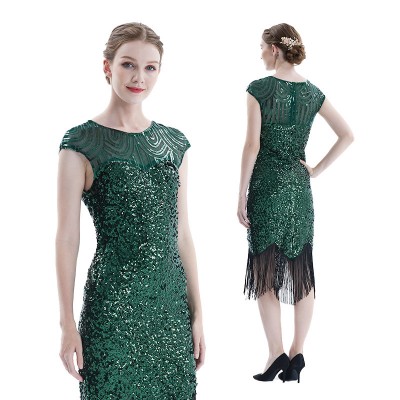 Women dark green gold black sequined singers jazz dance dress Retro banquet party nightclub tassel evening party flapper dress sequin beaded latin dress