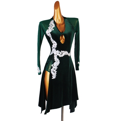Women dark green velvet embroidered flowers competition latin dance dresses long sleeves stage performance latin rumba chacha dance costumes 