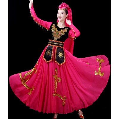 Women fuchsia chinese Xinjiang folk dance dresses chinese folk dance Long skirt female adult ethnic style stage Uyghur performance costumes