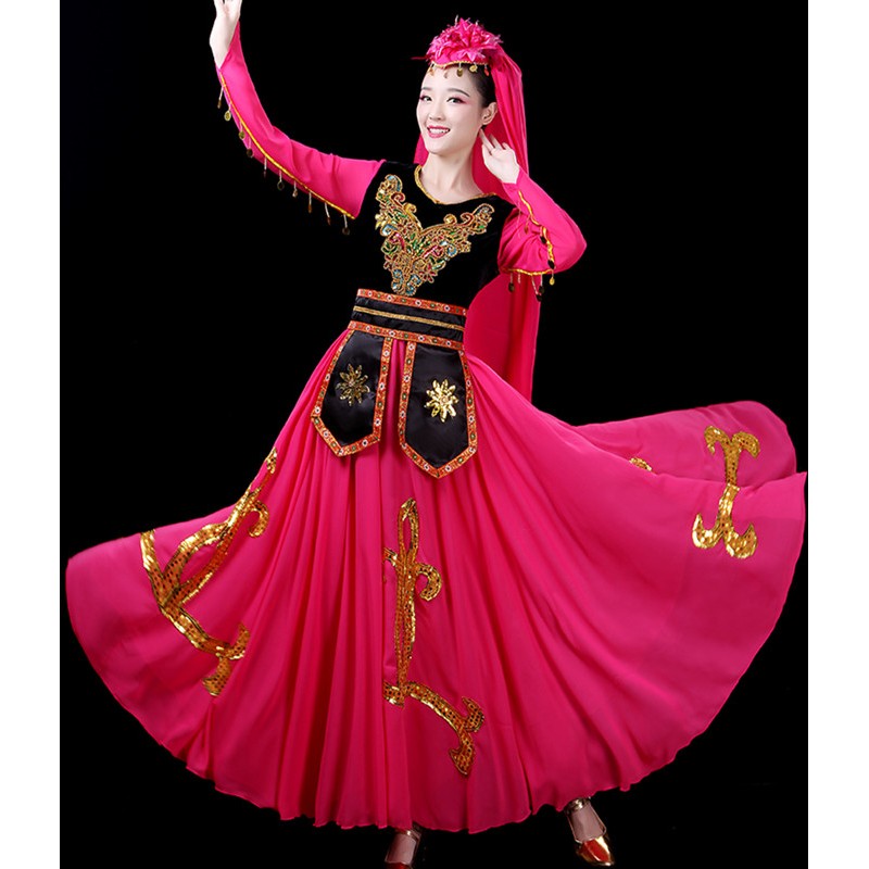 Women fuchsia chinese Xinjiang folk dance dresses chinese folk dance Long skirt female adult ethnic style stage Uyghur performance costumes