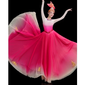 Women fuchsia gradient color chinese folk dance costumes Xinjiang Dance dress Ethnic style Uyghur stage opening dance big dress for woman