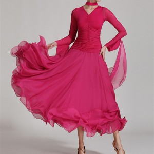 Women fuchsia green colored ballroom dance dress competition stage performance waltz tango smooth dance dress long gown for woman
