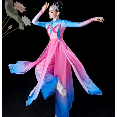 Women Fuchsia with blue Gradient Chinese folk Classical dance Costumes ancient umbrella fan performance clothing waterfall sleeves Yangge modern dance dresses