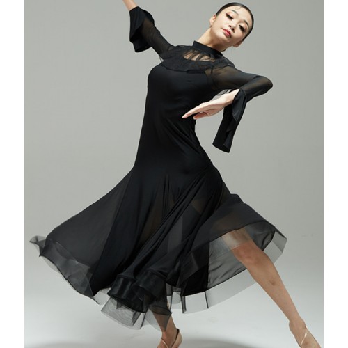 Women Girls black long sleeves ballroom dancing Dresses  Modern National Waltz Tango Foxtrot Smooth Dance Long Skirts for Female