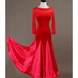 Women girls black red velvet ballroom dancing dresses mesh long sleeves sexy waltz tango foxtrot smooth rhythm dance long skirts Costumes