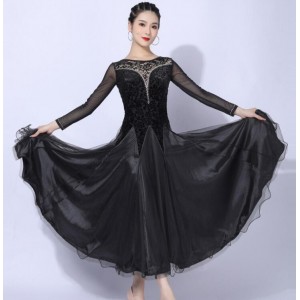 Women girls black velvet ballroom dance dresses with diamond bling waltz tango foxtrot smooth dance long gown rhythm dance long skirts for female