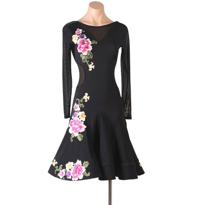 Women girls black with flowers competition latin dance dresses rumba salsa chacha dance costumes for female 