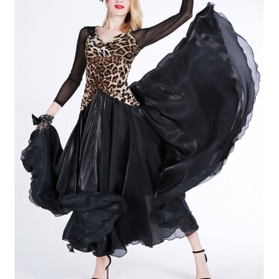 Women girls black with leopard ballroom dancing dresses National standard dance modern dance swing skirt waltz tango foxtrot smooth dance long-sleeved performance clothes