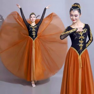Women Girls Black with orange chinese folk Xinjiang dance performance costume female Uygur minority ethnic performance dresses art test big dress