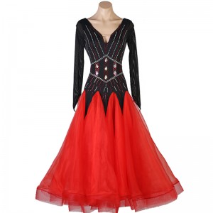 Women girls black with red ballroom dance dress competition stage performance gown for lady rhinestones foxtrot waltz tango smooth dance long dress for female