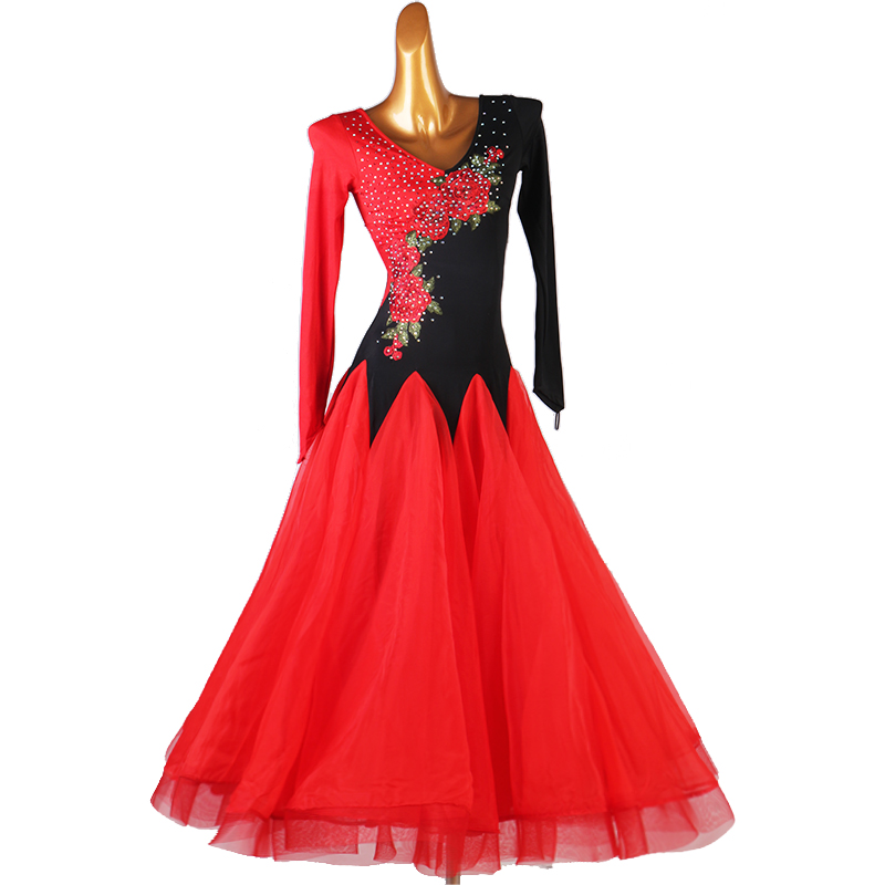 Women girls black with red ballroom dance dresses ballroom dance costumes stage performance waltz tango dance dresses gown for female