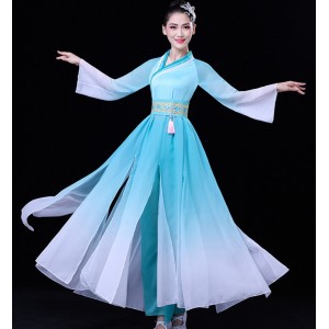 Women girls Blue gradient Chinese folk Classical dance costume hanfu fairy dress female elegant fan umbrella dance suit ancient costume female Yangko dance clothes