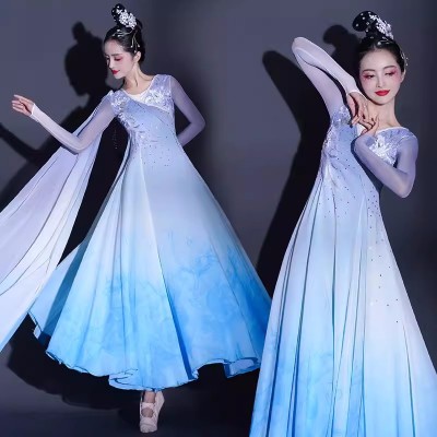 Women Girls Blue Gradient Chinese Folk Classical dance costumes water sleeves fairy hanfu princess Chinese style ancient traditional Art test dance stage performance wear for female