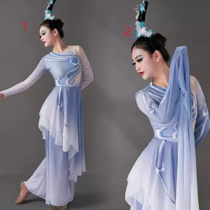 Women girls blue gradient Chinese folk dance costumes waterfall sleeves ancient traditional fairy hanfu princess umbrella fan classical dance dresses