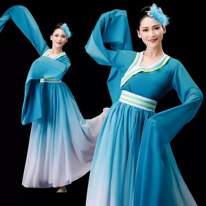 Women Girls Blue Gradient Chinese folk dance dresses Water sleeve folk dance costumes for women girls  ancient Hanfu Caiwei dance clothes for female