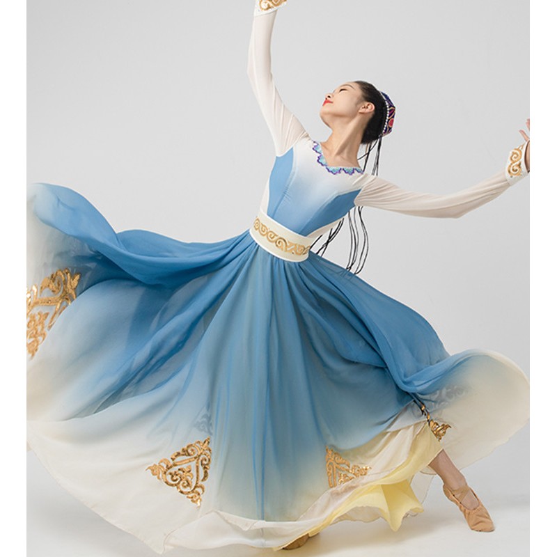 Women girls Blue Gradient  Chinese Folk Xinjiang dance dresses Ethnic Uyghur dance skirt art exam dance clothing for female