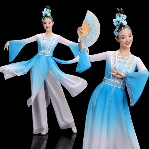 Women Girls Blue gradient Hanfu Chinese Folk Classical dance costumes elegant fan umbrella caiwei dance dresses fairy repertoire art test performance clothes for female