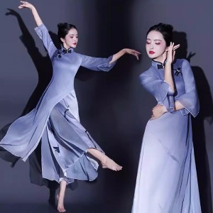 Women Girls Blue gray gradient chinese folk Classical dance costume female fan yangge dance set Chinese modified Asian cheongsam dance qipao dress for lady