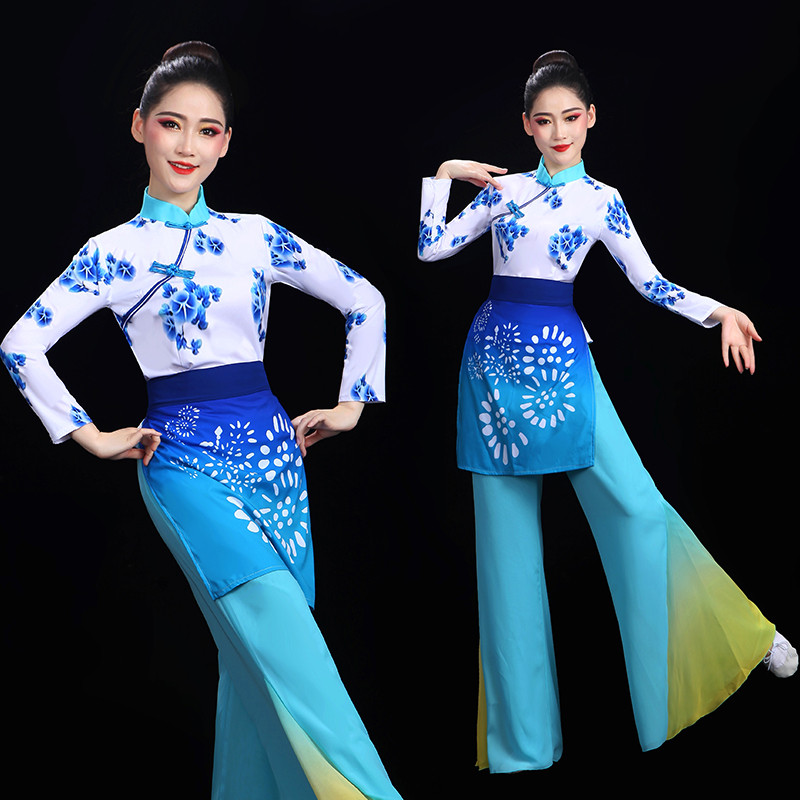 Women girls blue printed chinese folk dance costumes Yangge umbrella fan caicha dance clothes for female