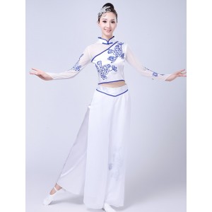 Women girls Chinese folk blue and white porcelain classical dance costume Female fluttering fan dancing umbrella dance clothes for female