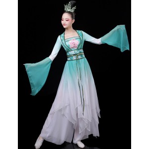 Women girls Chinese folk Classical dance costumes fairy turquoise hanfu female elegant  ancient  flare water sleeves cai wei dance dresses Han and Tang Princess dance costumes