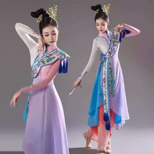 Women girls Chinese folk Classical dance costumes purple gradient traditional hanfu peking opera performance dress peach and plum cups pretty flowers dancing wear 