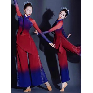 Women Girls Chinese folk Classical dance costumes Red with Blue Gradient Flowing ethnic Chinese Fan dance clothing art examination exercise jiaozhou Yangge uniform