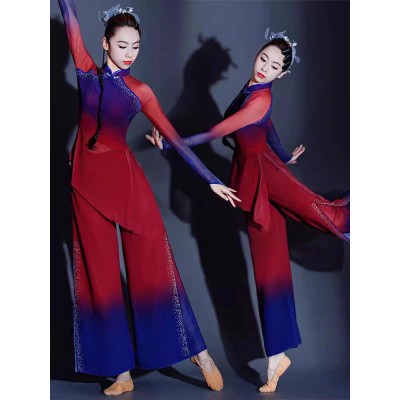 Women Girls Chinese folk Classical dance costumes Red with Blue Gradient Flowing ethnic Chinese Fan dance clothing art examination exercise jiaozhou Yangge uniform