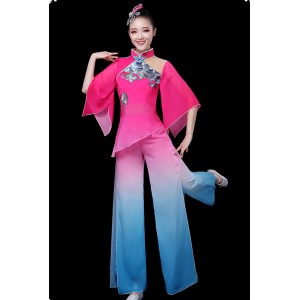 Women Girls Chinese Folk Dance Costumes Chinese Ancient traditional Yangko umbrella Dance Clothing Classsical Stage performance clothes