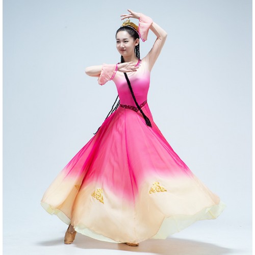 Women girls chinese folk dance dress Ethnic minority Uyghur costumes Xinjiang dance costumes Chinese style xinjiang practice dance clothes for adults