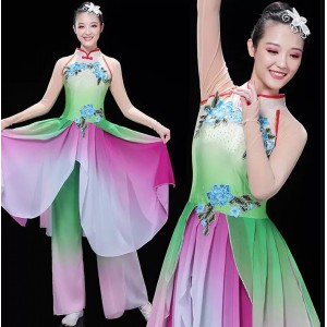 Women girls chinese folk dance dress green with pink Wing Ho ancient traditional classical dance clothes yangge umbrella fan dance costumes for female