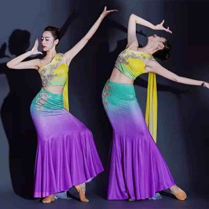 Women girls chinese folk peacock dance dress Thailand Dai dance Mermaid Skirts for female