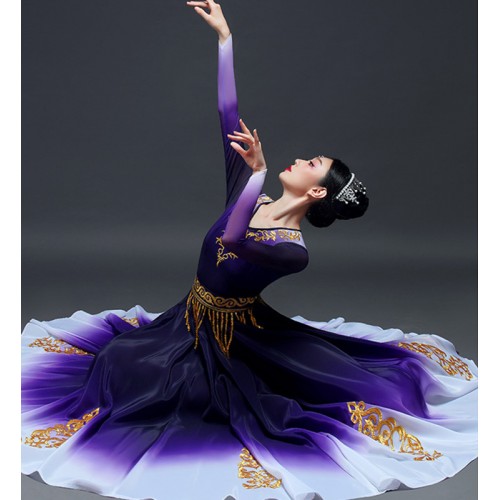 Women Girls Chinese Violet Gradient Chinese Xinjiang dance Dresses female adult art test Chinese folk dance costumes Uyghur dance large swing skirt Gown for female