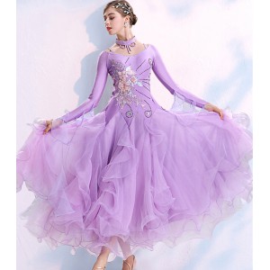 Women girls competition dimoand light purple ballroom dance dresses waltz tango foxtrot dance gown 