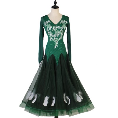 Women girls dark green feather rhinestones ballroom dance dresses ballroom tango waltz foxtrot stage performance costumes