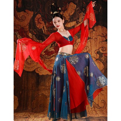 Women girls Dunhuang flying  Red fairy dance dress water sleeves Chinese dress exotic style flowing dance photo suit classical dance live performance clothes