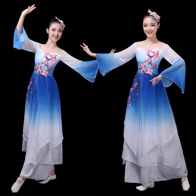 Women girls fuchsia blue green gradient chinese folk classical dance costumes elegant umbrella fan dance dress hanfu Choir performance costumes for female