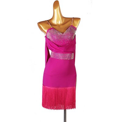Women girls fuchsia hot pink competition ballroom latin dance dresses stage performance fringed backless latin dance costumes for female