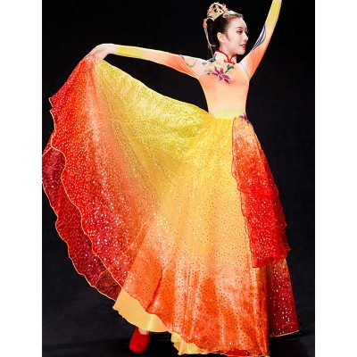 Women girls gold with red glitter chinese folk dance dress retro hanfu fairy performance dresses yangko umbrella fan classical dance costumes for lady