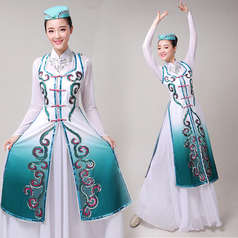 Women girls  green blue gradient Chinese folk dance costume Xinjiang dance dress female Uighur minority style dance big swing skirt for woman
