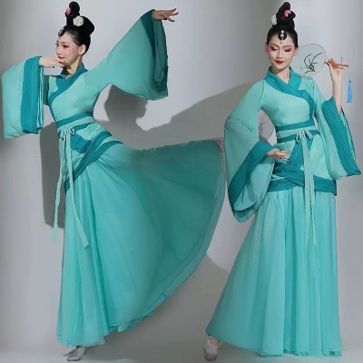 Women girls Green fairy chinese folk dance hanfu folk Classical dance performance costume wide sleeves Han Tang ancient style flowing dance performance uniforms