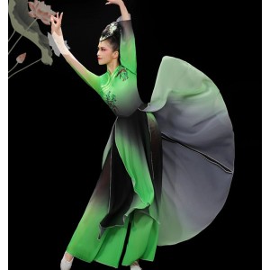 Women girls Green gradient Chinese folk Classical dance costume Hanfu fairy dress female elegant solo fan umbrella dance examination dresses Yangko dance suit 