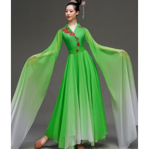 Women girls Green  gradient waterfall Sleeves chinese folk classical Dance Costume traditional hanfu fairy fan umbrella dance dresses for woman