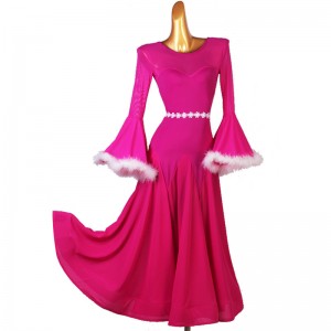 Women girls hot pink feather ballroom dance dresses ballroom dance skirts competition waltz tango dance dress for female 