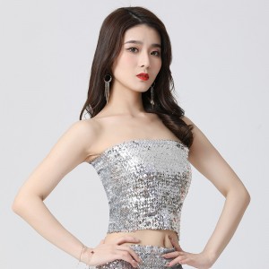 Women girls jazz dance sequined short  tops DS  latin performance cropped wrap chest vests nightclub glitter black silver gold red sequins built-in performance high elastic tube top