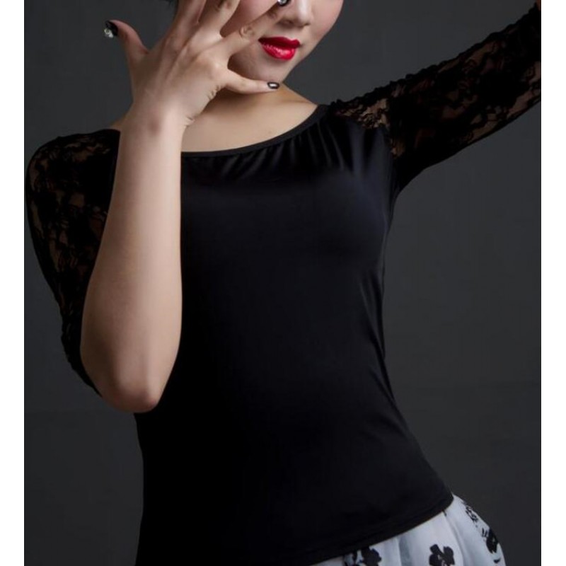 Women girls lace sleeves ballroom dancing tops stage performance latin salsa rumba dance tops shirts