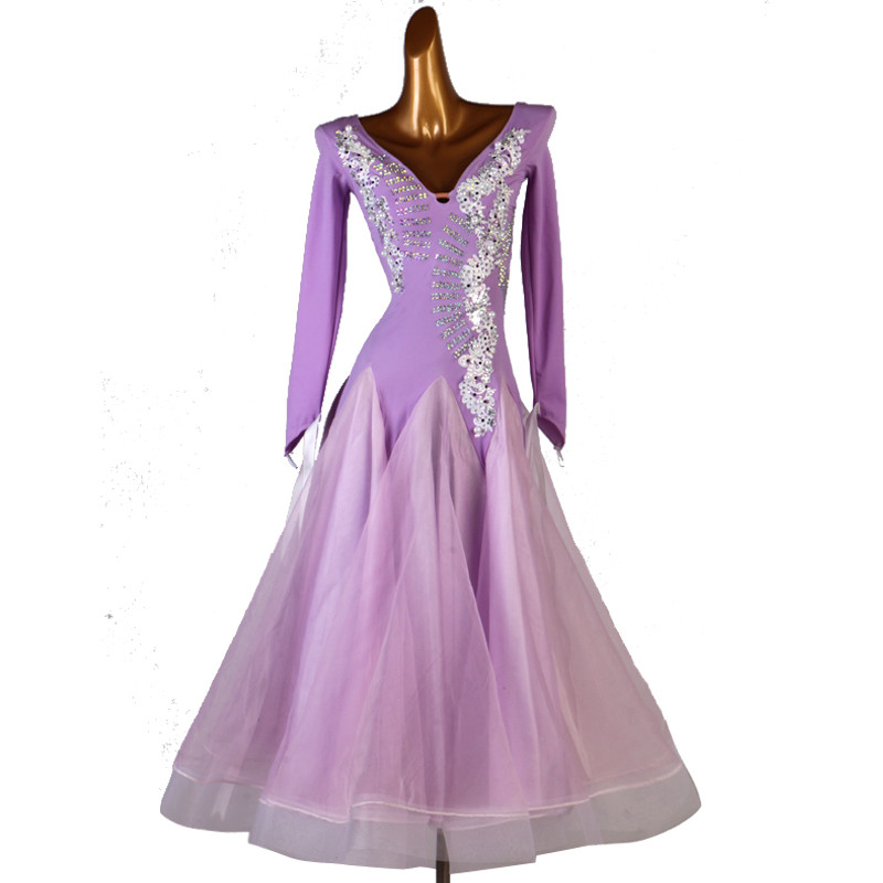 Women girls lavender purple ballroom dancing dresses with gemstones professional waltz tango foxtrot smooth dance long skirt gown for female