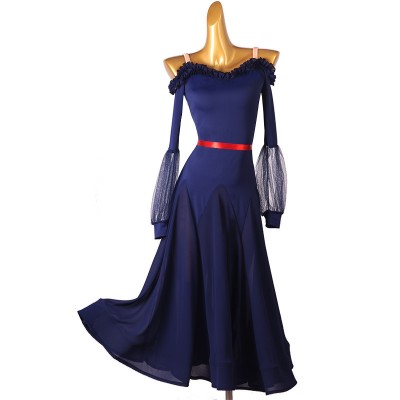 Women girls navy blue competition ballroom dance dress stage performance gown for lady waltz tango foxtrot smooth long dress for female