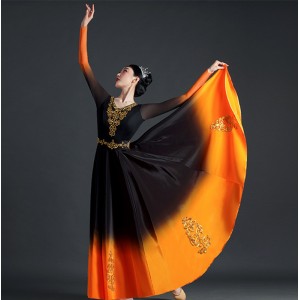 Women girls Orange Black Gradient Chinese Folk Xinjiang dance dresses Uyghur dance costumes female adult national art test large swing skirt performance Outfits for female